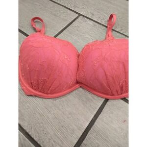 Victorias Secret Coral Pink Floral Lace Plunge Underwire Bra 36D